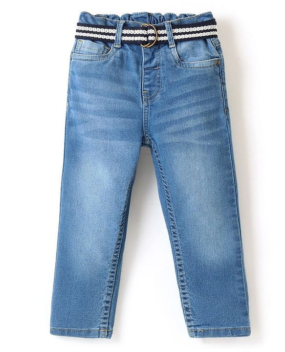 Babyhug Cotton Spandex Full Length Stretchable Washed Jeans with Fabric Belt   Fly With Zipper -  Blue