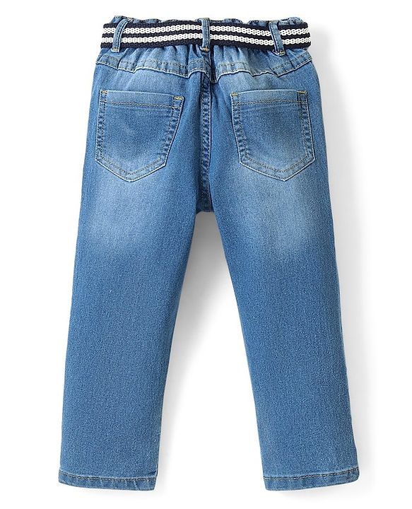 Babyhug Cotton Spandex Full Length Stretchable Washed Jeans with Fabric Belt   Fly With Zipper -  Blue
