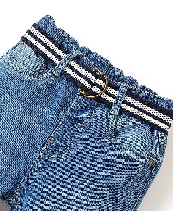 Babyhug Cotton Spandex Full Length Stretchable Washed Jeans with Fabric Belt   Fly With Zipper -  Blue
