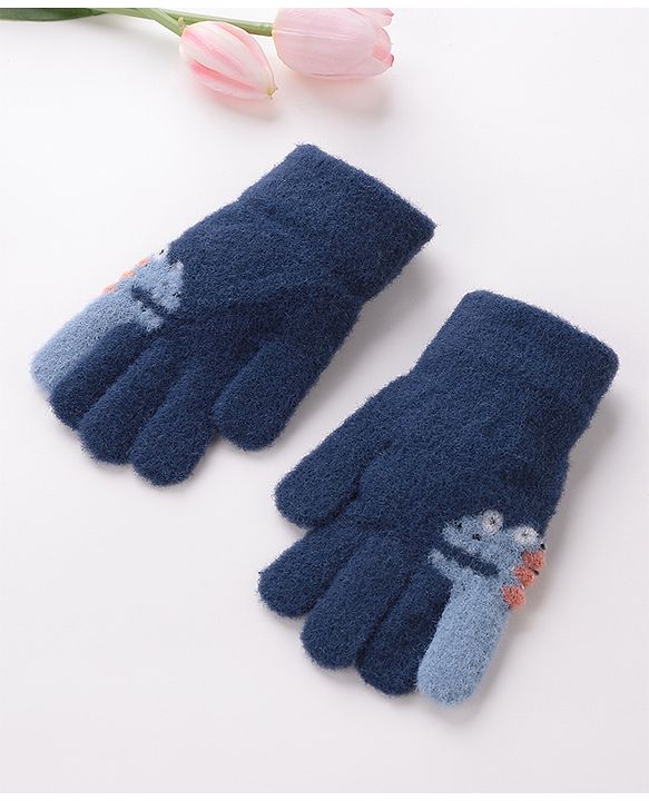 Babyhug Woolen Gloves Pair Dino Design - Navy Blue