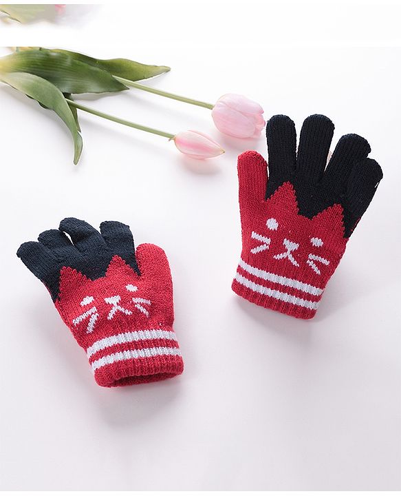 Babyhug Hand Gloves with Kitten Design - Red