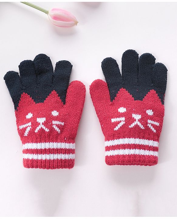 Babyhug Hand Gloves with Kitten Design - Red