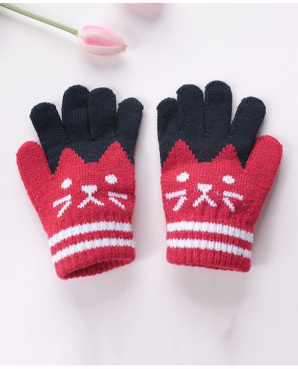 Babyhug Hand Gloves with Kitten Design - Red
