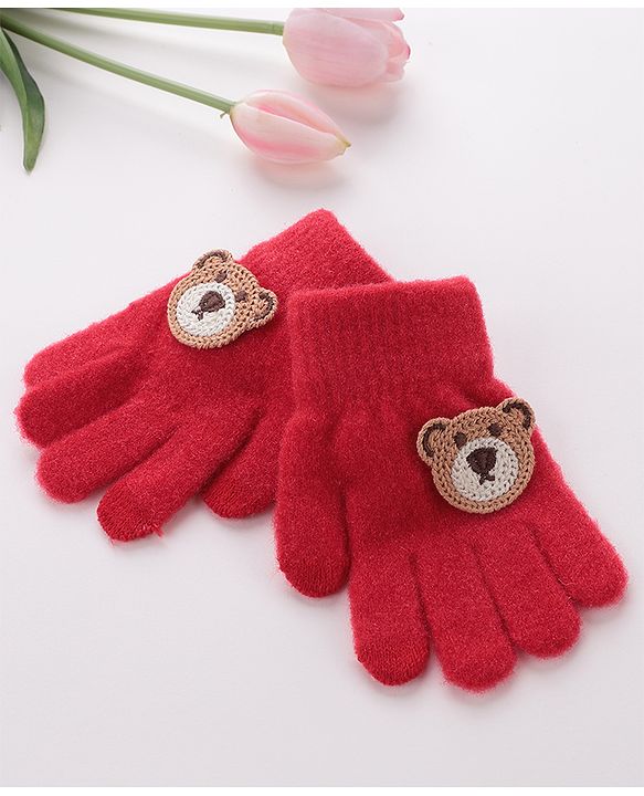 Babyhug Gloves With Bear Patch - Red