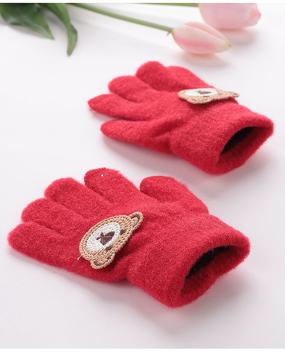 Babyhug Gloves With Bear Patch - Red