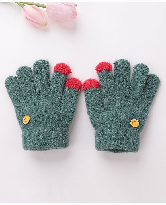 Babyhug  Woolen Gloves Pair Smiley Design - Green