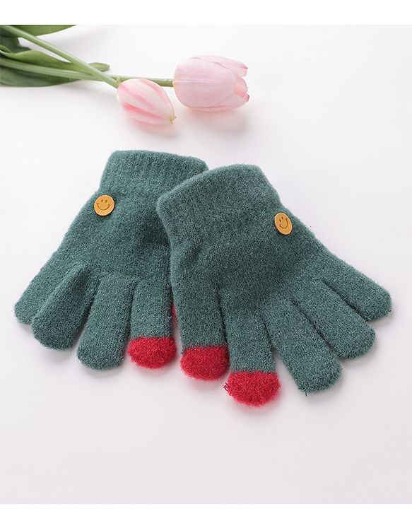 Babyhug  Woolen Gloves Pair Smiley Design - Green