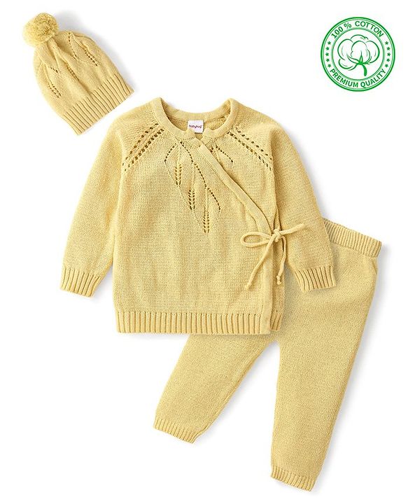 Babyhug Cotton Full Sleeves Sweater Set With Cap & Cable Knit Design - Yellow