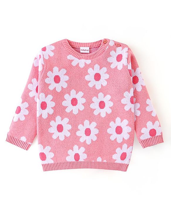 Babyhug Organic Cotton Knit Full Sleeves Sweater Set With Cap Floral Design - Light Pink