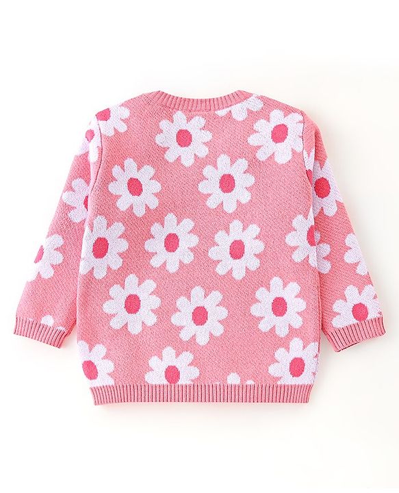 Babyhug Organic Cotton Knit Full Sleeves Sweater Set With Cap Floral Design - Light Pink