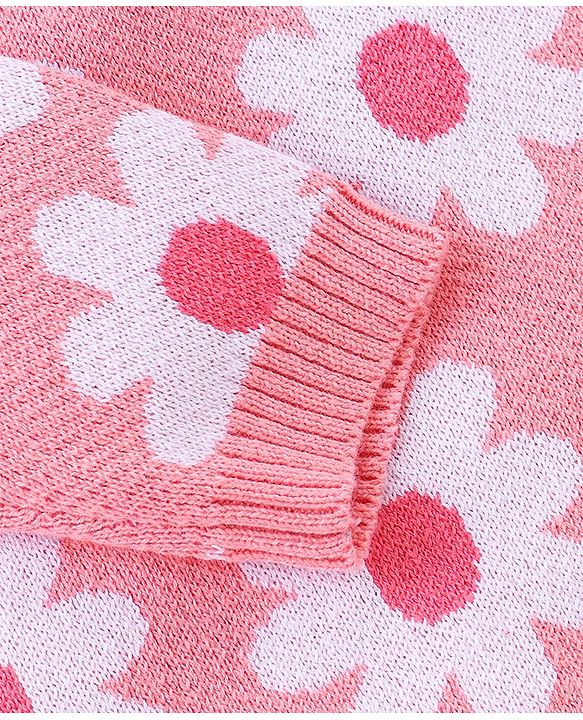 Babyhug Organic Cotton Knit Full Sleeves Sweater Set With Cap Floral Design - Light Pink
