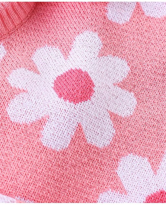 Babyhug Organic Cotton Knit Full Sleeves Sweater Set With Cap Floral Design - Light Pink