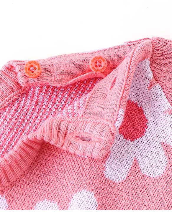 Babyhug Organic Cotton Knit Full Sleeves Sweater Set With Cap Floral Design - Light Pink