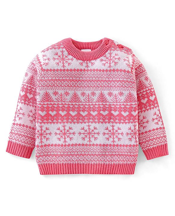 Babyhug Organic Cotton Knit Full Sleeves Baby Sweater Set Snow Flakes Design - Light Pink