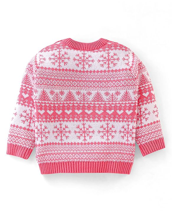Babyhug Organic Cotton Knit Full Sleeves Baby Sweater Set Snow Flakes Design - Light Pink