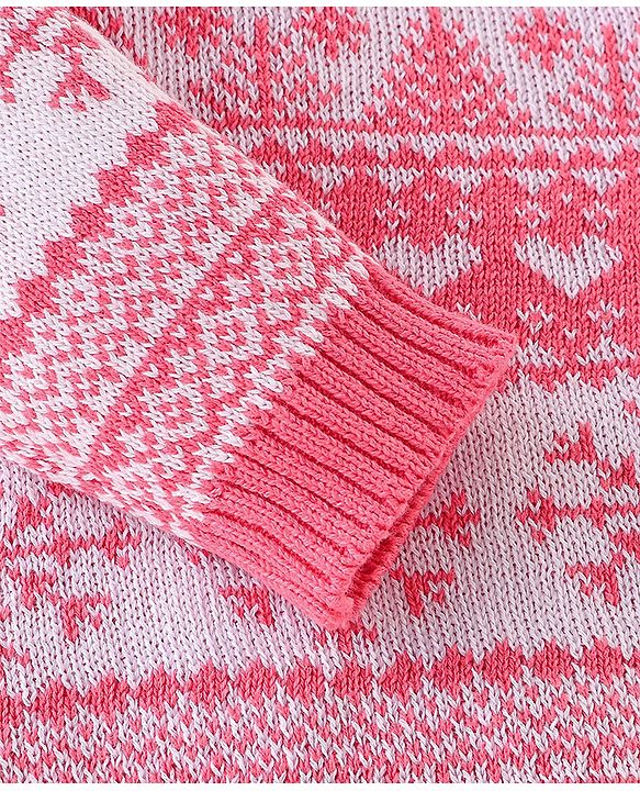 Babyhug Organic Cotton Knit Full Sleeves Baby Sweater Set Snow Flakes Design - Light Pink