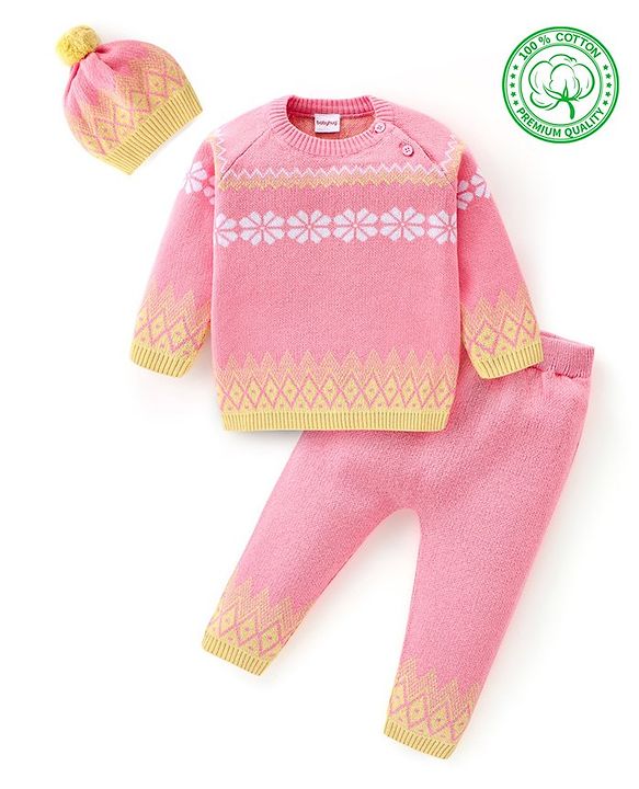 Babyhug Organic Cotton Knit Full Sleeves Sweater Set with Cap Floral Design - Peach