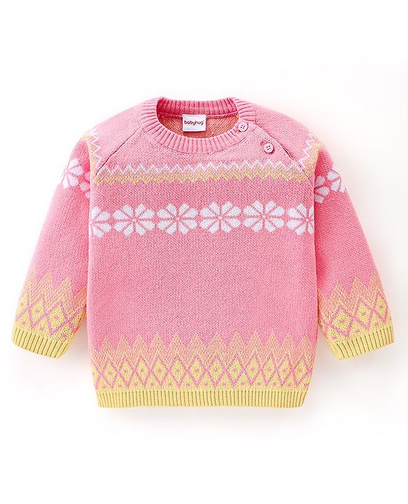 Babyhug Organic Cotton Knit Full Sleeves Sweater Set with Cap Floral Design - Peach