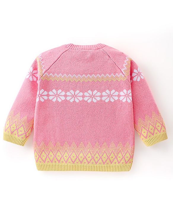 Babyhug Organic Cotton Knit Full Sleeves Sweater Set with Cap Floral Design - Peach