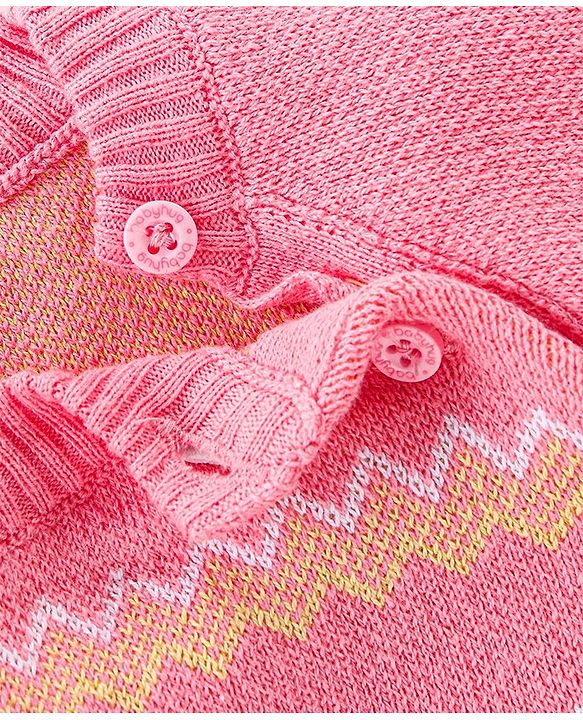 Babyhug Organic Cotton Knit Full Sleeves Sweater Set with Cap Floral Design - Peach