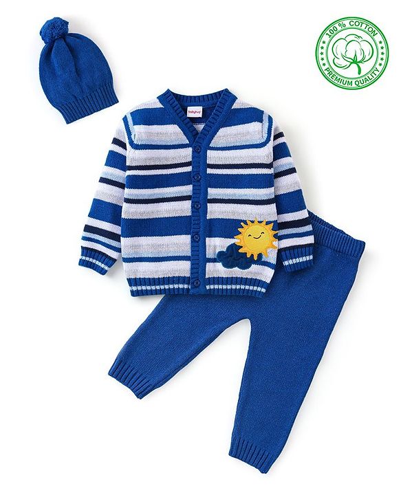 Babyhug Organic Cotton Knit Full Sleeves Sweater Set With Cap Cloud & Sun Design -Blue