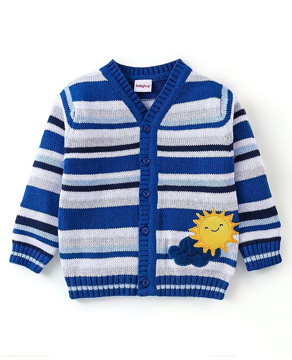 Babyhug Organic Cotton Knit Full Sleeves Sweater Set With Cap Cloud & Sun Design -Blue