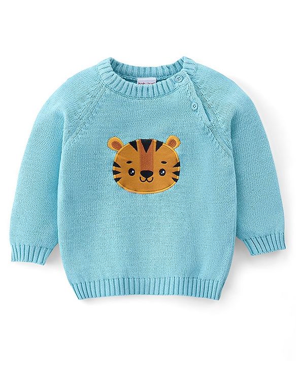 Babyhug Organic Cotton Tiger Embroidered & Striped Sweater Set - Blue