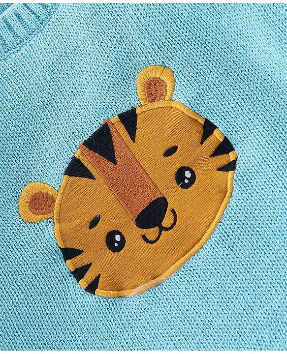Babyhug Organic Cotton Tiger Embroidered & Striped Sweater Set - Blue
