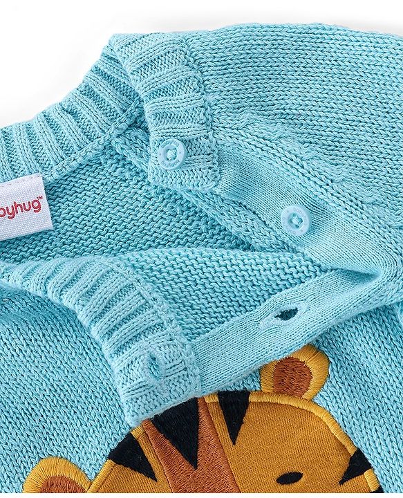 Babyhug Organic Cotton Tiger Embroidered & Striped Sweater Set - Blue