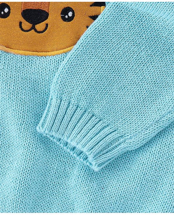 Babyhug Organic Cotton Tiger Embroidered & Striped Sweater Set - Blue