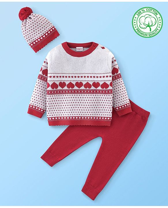 Babyhug Organic Cotton Full Sleeves Heart Design  Sweater Sets - Grey & Red