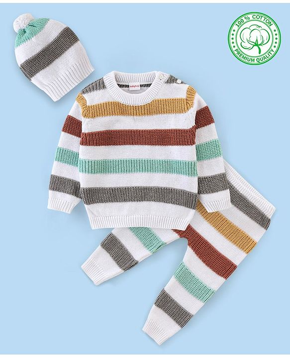Babyhug Organic Cotton Full Sleeves Sweater Set With Cap Stripes Design- White Grey & Green