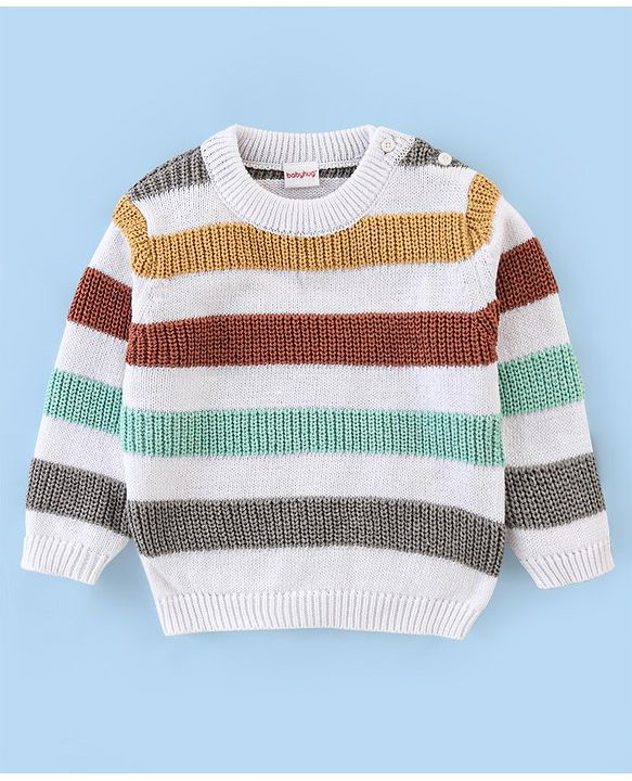 Babyhug Organic Cotton Full Sleeves Sweater Set With Cap Stripes Design- White Grey & Green