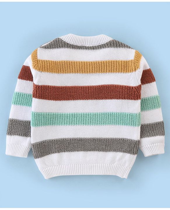 Babyhug Organic Cotton Full Sleeves Sweater Set With Cap Stripes Design- White Grey & Green