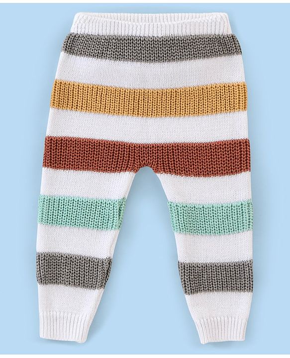 Babyhug Organic Cotton Full Sleeves Sweater Set With Cap Stripes Design- White Grey & Green
