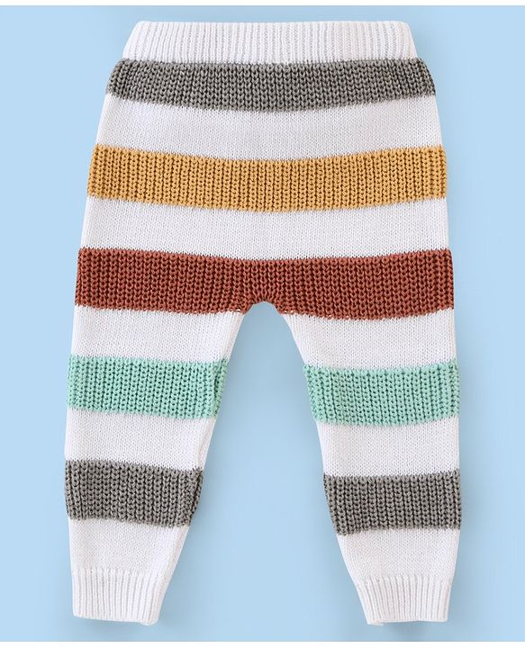 Babyhug Organic Cotton Full Sleeves Sweater Set With Cap Stripes Design- White Grey & Green