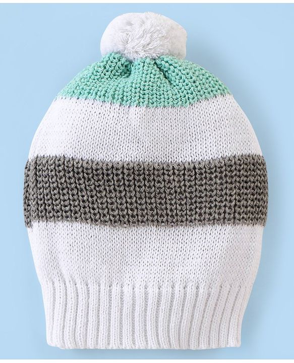 Babyhug Organic Cotton Full Sleeves Sweater Set With Cap Stripes Design- White Grey & Green