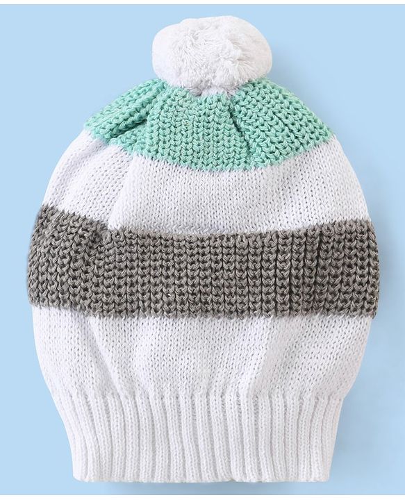 Babyhug Organic Cotton Full Sleeves Sweater Set With Cap Stripes Design- White Grey & Green