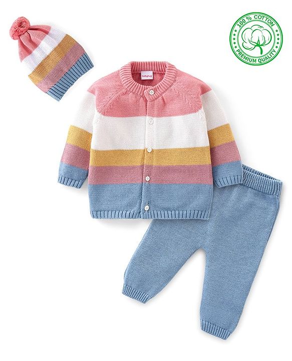 Babyhug Organic Cotton Knit Full Sleeves Sweater Set With Cap Solid Colour Block Design - Multicolour