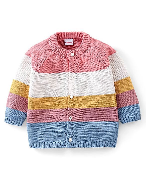 Babyhug Organic Cotton Knit Full Sleeves Sweater Set With Cap Solid Colour Block Design - Multicolour
