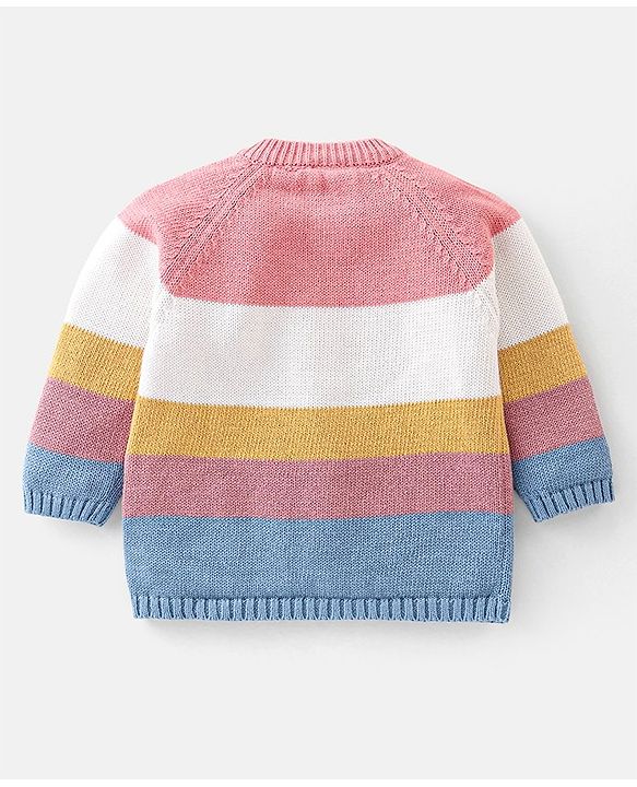 Babyhug Organic Cotton Knit Full Sleeves Sweater Set With Cap Solid Colour Block Design - Multicolour
