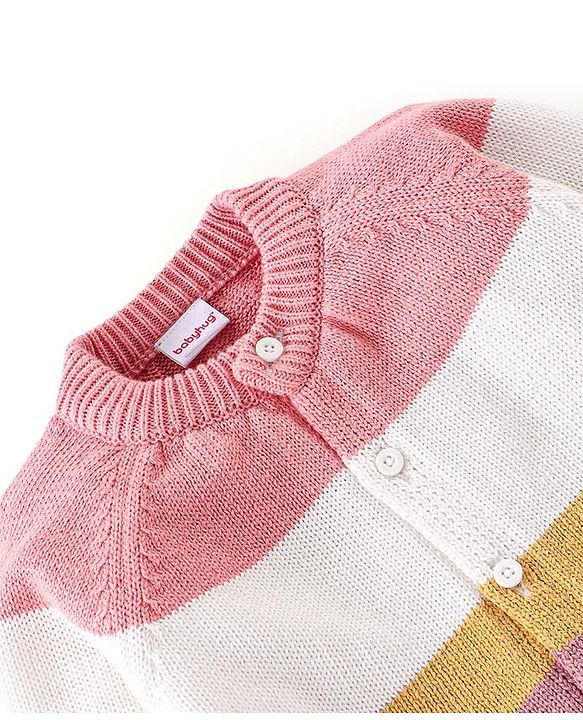 Babyhug Organic Cotton Knit Full Sleeves Sweater Set With Cap Solid Colour Block Design - Multicolour