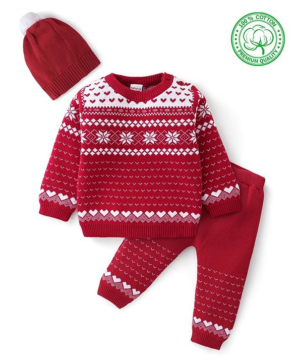 Babyhug Organic Cotton Knit Baby Sweater Set Intarsia Design - Red