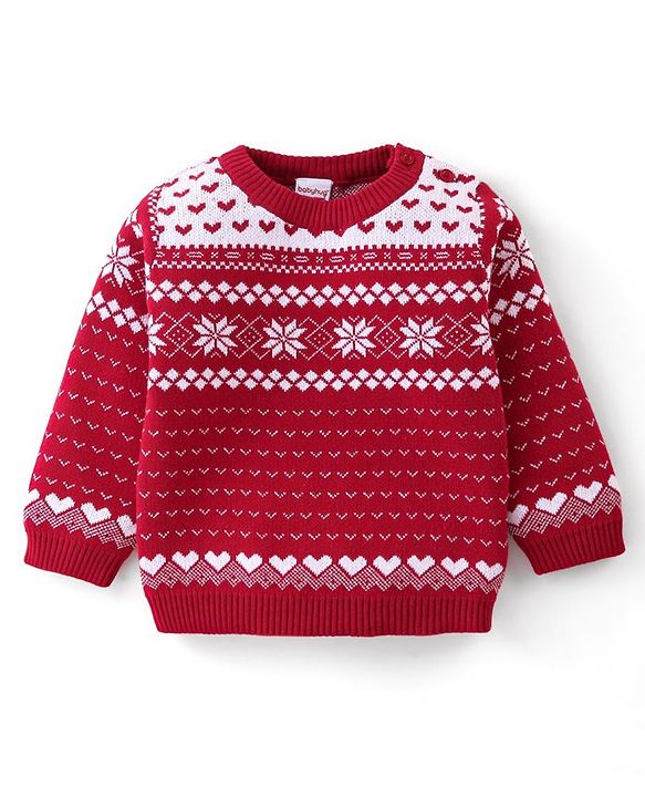 Babyhug Organic Cotton Knit Baby Sweater Set Intarsia Design - Red