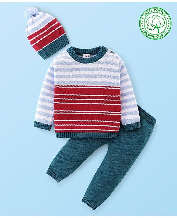 Babyhug Full Sleeves Sweater Set with Cap Stripes Design - Blue