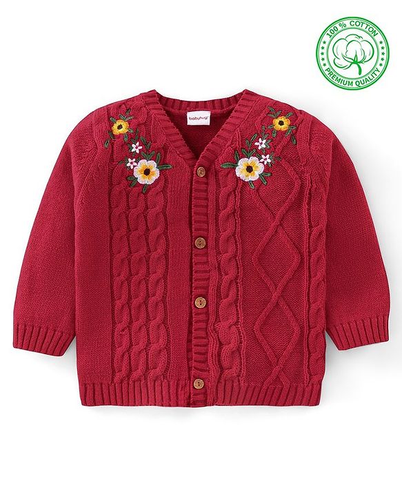 Babyhug Organic Cotton Knit Full Sleeves Front Open Sweater with Floral Design - Red