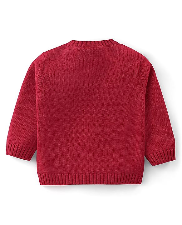 Babyhug Organic Cotton Knit Full Sleeves Front Open Sweater with Floral Design - Red