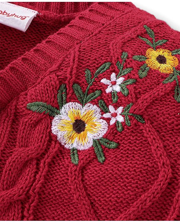 Babyhug Organic Cotton Knit Full Sleeves Front Open Sweater with Floral Design - Red