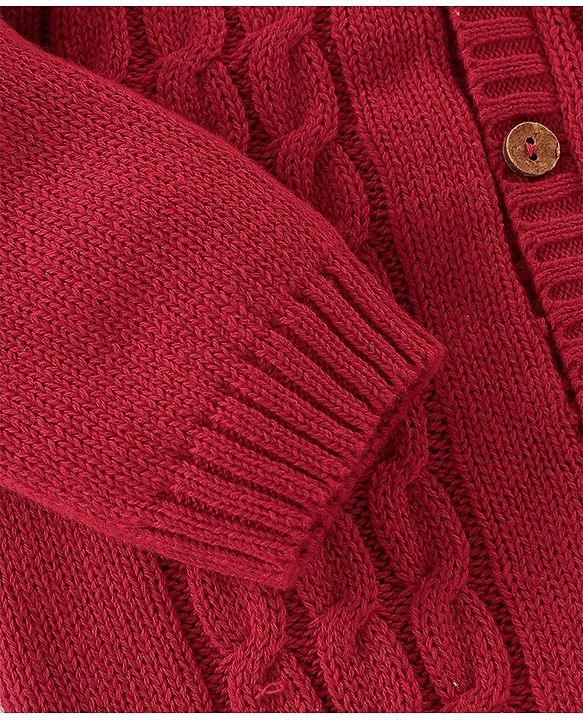 Babyhug Organic Cotton Knit Full Sleeves Front Open Sweater with Floral Design - Red