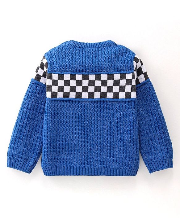 Babyhug Knitted Full Sleeves Checks Sweater - Blue